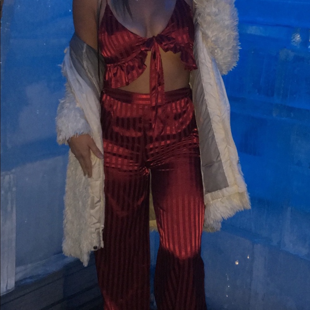 Red satin pant and top set